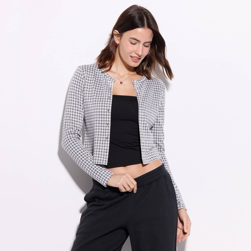 Wild Fable NWT Gingham Cropped Cardigan Sweater Small‎ Gray & White Button Down